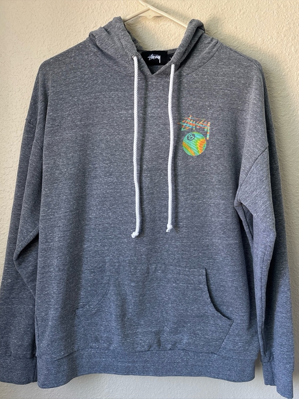 Stussy Men's Gray Pullover Hoodie with 8 Ball Graphic Print